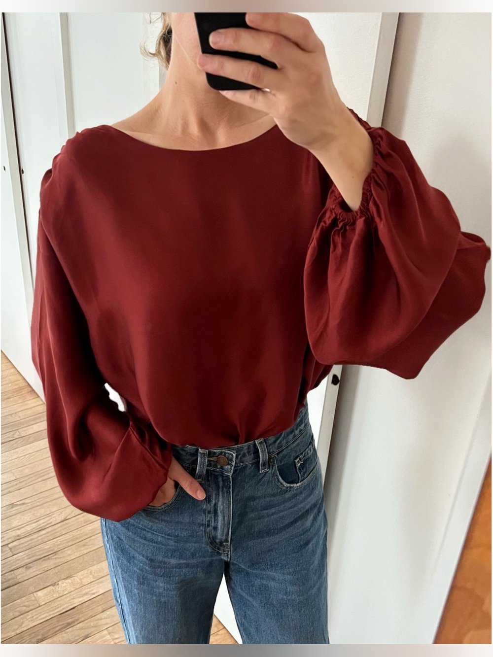 Anthropologie Rust Balloon-Sleeve Silk Blouse